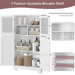 Bathroom Cabinet, Storage Cabinet with Adjustable Shelves & Glass Doors, Freestanding Floor Cabinet Cupboard for Living Room, Home Office White Bathroom Cabinet Storage Cabinet with Adjustable Shelves Glass Doors Freestanding Floor Cabinet Cupboard for Living Room Home Office White