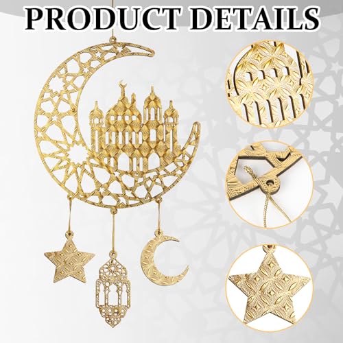 2 Pieces Eid Mubarak Door Sign Wooden Hanging Signs, Ramadan Kareem Hollow Ornament Decorations Moon and Stars, Moon Shape Ramadan Mubarak Party Wood Wall Hanger for Islamic Muslim Home Decor - Image 8