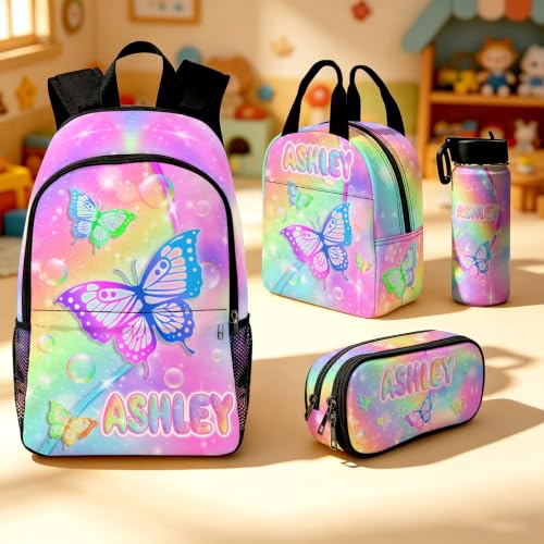 Image of Custom Girls Backpack for Kids Personalized Backpacks Set Back to School | Kid Customized Toddler Backpack for Girl with Lunch Bag Book Bag Kindergarten Prek Preschool Gifts Black Rainbow Butterfly