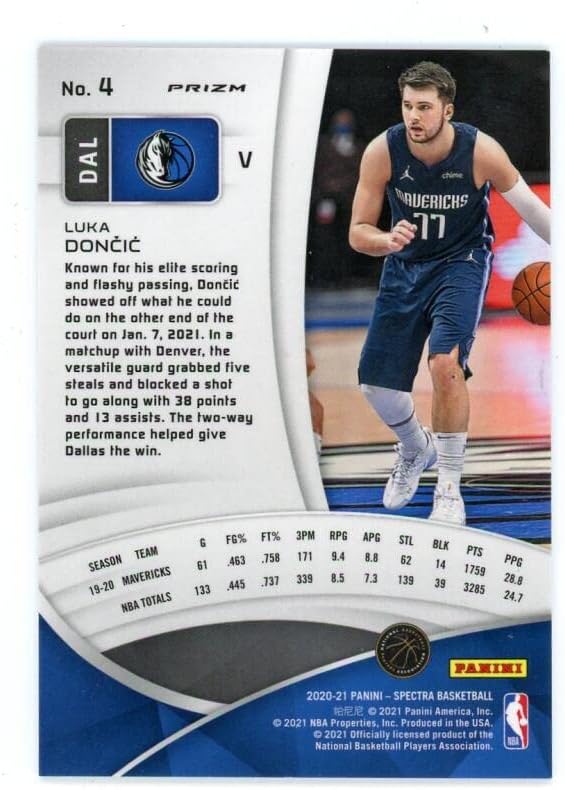 2020-21 PANINI SPECTRA VARIATIONS SILVER #4 LUKA DONCIC DALLAS MAVERICKS BASKETBALL OFFICIAL TRADING CARD OF NBA