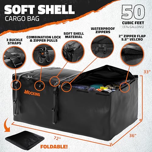 Mockins XXL 72"x36"x6" Folding Trailer Hitch Cargo Carrier w/ 50 CuFt Waterproof Cargo Bag for Hitch Carrier | 500 Lbs Cap Luggage Rack for SUV Car & Truck w/Rear Lights, License Plate Holder & More