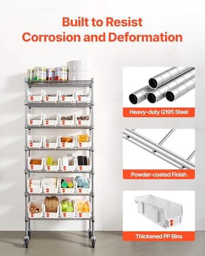 Image of VEVOR 7-Tier Rolling Bin Storage Rack, 24 Small Bins, Bin Rack Storage Steel Wire Shelving System with Wheels, Mobile Tool Organizer for Garage, Warehouse, Office, Restaurant, Classroom, Kitchen