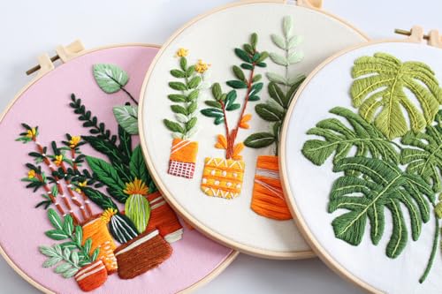 Image of Konrisa Embroidery Kits for Adults Beginner, European Style Garden Plant Green Leaf Stamped Embroidery Starter Kit,DIY Sewing Practice, Needlepoint Cross Stitch Kit,Set of 3
