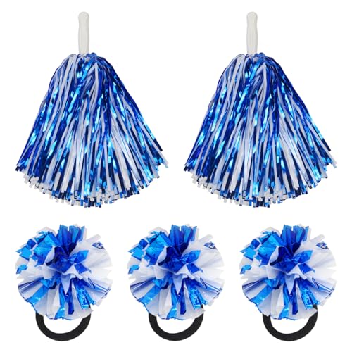 Lovecheer 5PCS Blue and White Pom Poms Cheerleading and Hair Rope Set