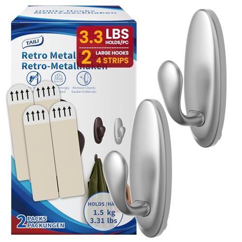 Image of TAILI Metal Adhesive Hooks for Wall No Damage, 2 Pack Heavy Duty Silver | Hold Up to 3.3 LBS, Removable Large Hooks for Coats, Wreath, Towels, No Drill for Home, RV, Dorm, Rental, Decorative Hangers