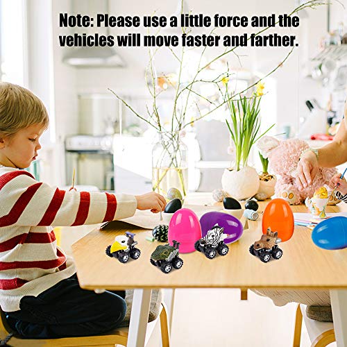 Cllayees 4 Pack Toy Filled Easter Eggs With Pull Back Animal Vehicles, 4 Inches Colorful Surprise Eggs With Bald Eagle Deer Zebra Snake Cars For Kids Party Favors #TOP6