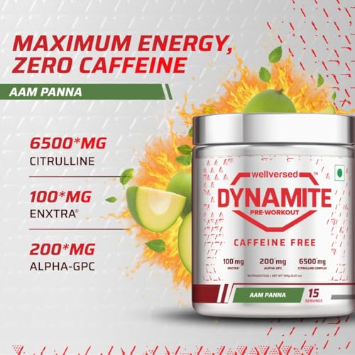 Image of Dynamite Pre-Workout Caffeine Free (195g, 15 Servings) | Aam Panna | 100mg EnXtra | 6500mg Citrulline Complex | 200mg Alpha GPC | For Late Evening & Night Workouts | Sustained Energy, Pump & Endurance