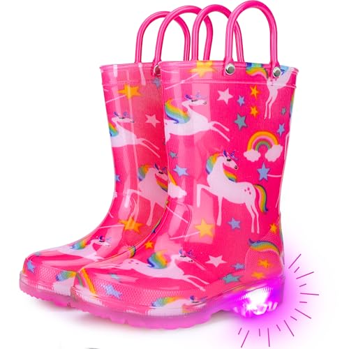 Funspread Rain Boots for Girls Toddlers - Light Up Kids Rainboots Boots Waterproof Lightweight Rain Shoes with Handles Dark Pink Size 11