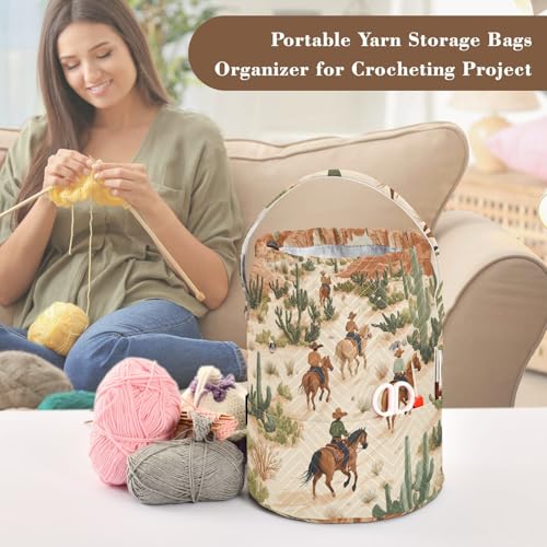 Image of ElliTarr Crochet Bag Yarn Bag with Handle Portable Knitting Project Bag Travel Yarn Storage Organizer Holder Case Cowboys Horses Cactus Desert Beige