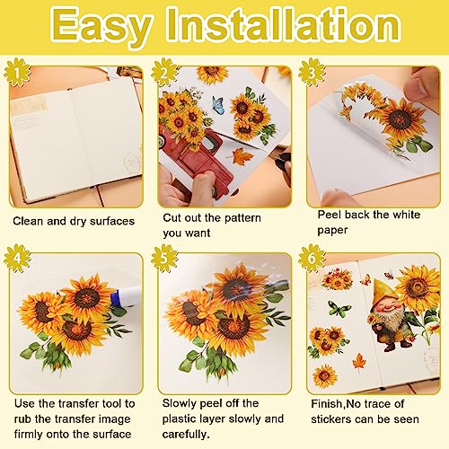 Image of 12 Sheets Sunflower Rub on Transfer Flower Decor Transfer Stickers Spring Fall Holiday Rub on Decals for Christmas Wood Furniture and Craft Journal Envelope Scrapbooking, 5.9 x 5.9 Inch