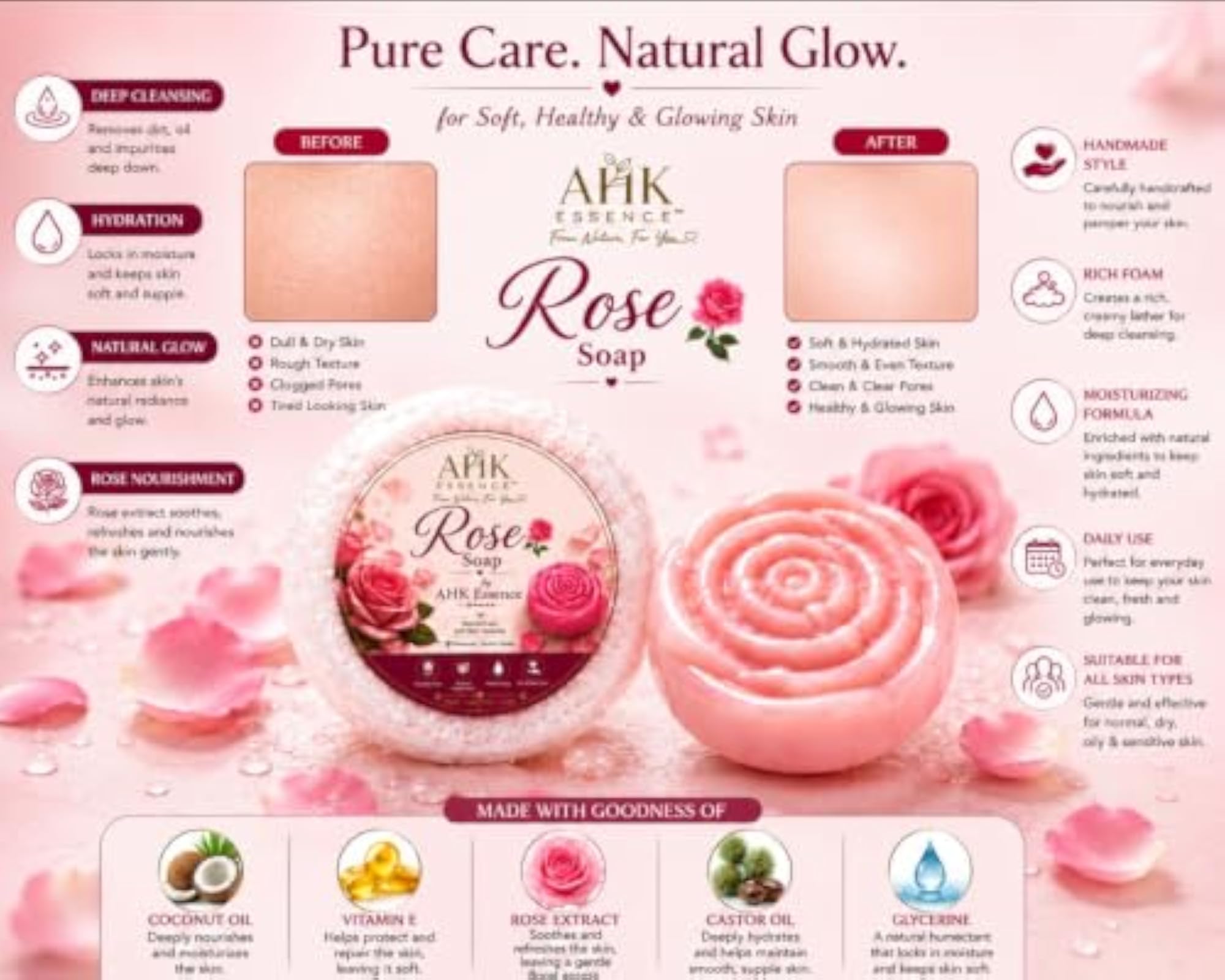 Rose Soap with Coconut Oil & Vitamin E, Pack of 2