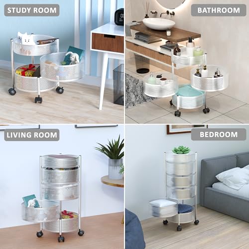 Image of Kuber Industries 3 Layer Metal Kitchen Storage Rack /Trolley with Wheels | Round Shape - Silver