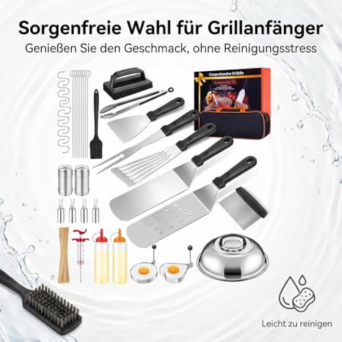 KOMTWNM 38-teiliges BBQ-Besteckset aus Edelstahl，Grillzange, Grillspatel, Korkenzieher, Grillset mit Aufbewahrungskoffer und Grillmatte Männer für den Garten