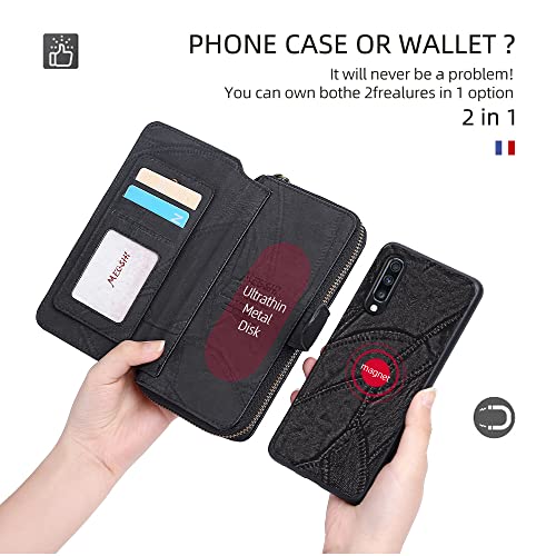 Asuwish Phone Case For Samsung Galaxy A70 Zipper Wallet Detachable Cover With Screen Protector And Leather Flip Mirror Card Holder Slot Cell Accessories Mobile A70S A 70 70A S70 4G Women Men Black #TOP1