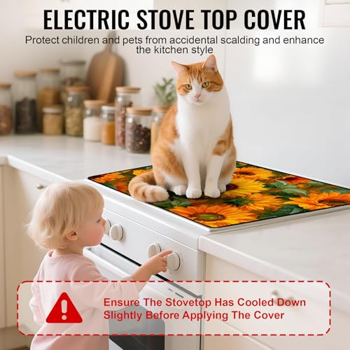 Image of NYZE Stove Cover for Electric and Glass Stove Tops 3-in-1 Stove Mat, Heat Resistant Counter Protector Mat, Non-Slip Surface & Drying Rack (Oil Painting Sunflower, 28.5 inchLx20.5 inchW)
