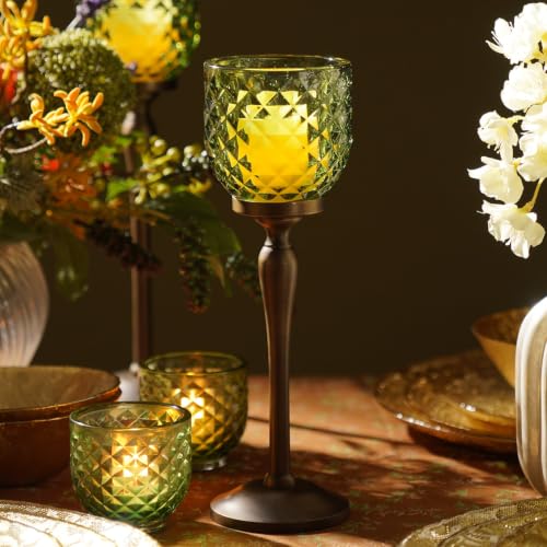Image of Pure Home Green Diamond Cut Hurricane - Small | Size: 9 x 9 x 21 cm | Premium Hurricanes for Home Decor | Table Top & Shelf Decor Showpiece | Ideal for Diwali & Festive | Premium Home Decor | Pack of 1