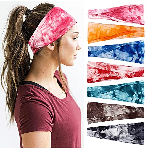 Yoga Headbands, Tie Dye Headbands 7pcs Stretchy Cotton Headbands Elastic Non Slip Sports Hairbands for Women Girls Adults