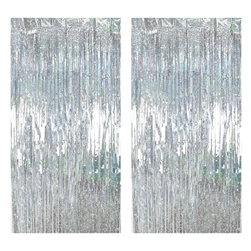 Drucilla 2Piezas Cortinas Metálicas, 1m x 2m Cortina Lámina Franjas con Flecos, Cortina de Metálica para Decorar una Fiestas de Cumpleaños, Decoracion Bodas, Telón de Fondo Fotos, Plateado