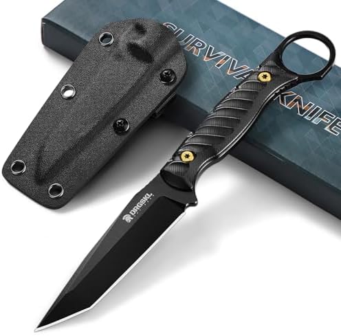 Tanto Fixed Blade Knife - Full Tang Survival Knives for Bushcraft, Camping Knives with Sheath, Black Knives Forged from a Single Piece of D2 Steel, Ideal Gift for Men