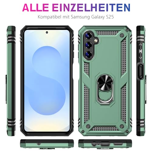 Image of Heavy Duty Case for Samsung Galaxy S25 Phone Case with Screen Protector, Military Grade Shockproof Rugged Protective Cover for Samsung S25, with Metal Ring Magnetic Kickstand (Green)