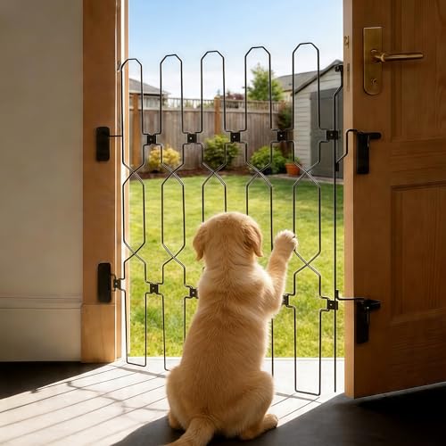 Dog Gate 66 x 78 cm Retractable Metal Stair Gate for Dogs Stair Gates for Dogs with Large Hollow Design Black Foldable Dog Gates Indoor for Front Doors Kitchens Bedrooms and Motorhomes