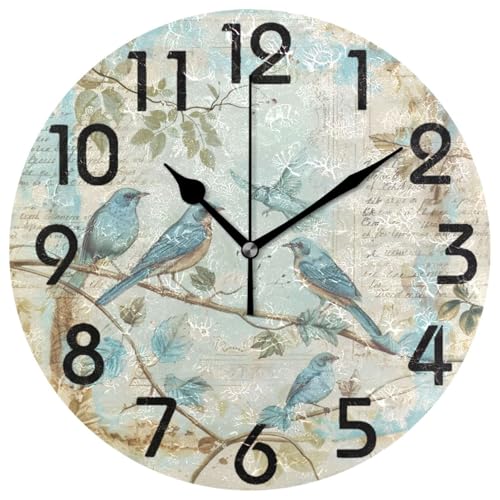 ZzWwR Pretty Retro Style Blue Birds Leaves Branch Round Wall Clock, 10 Inch Analog Quiet Non Ticking Desk Clock for Home Kitchen/Living Room/Bedroom/Bathroom/Office