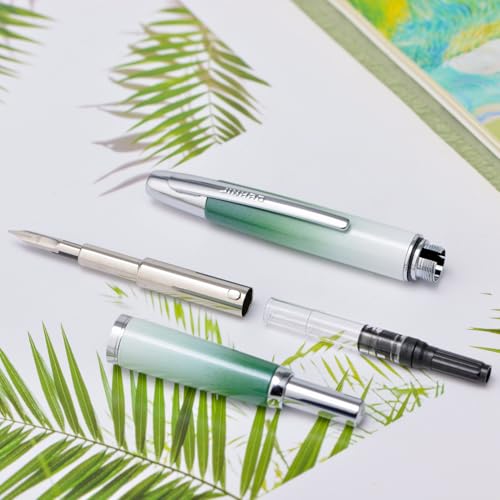 Image of Jinhao 10 Press Fountain Pen with Box, Gradient Grass Green Retractable Extra Fine Nib with Ink Converter Set (Silver Clip)