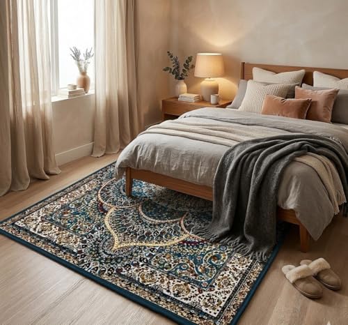 Image of DECOMIZER 5x7 Feet Premium Carpet for Hall | Rug Runner and Carpets for Bedroom /Living Area /Home with Anti Slip Backing | Machine Washable -Blue White Damas