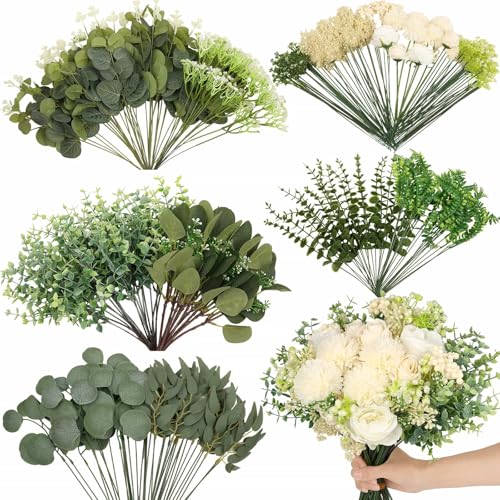 120Pcs 15 Kinds Mixed Artificial Eucalyptus Leaves Stems and Faux Flowers Bulk, Fake Silver Dollar Eucalyptus Bundle Plants Greenery Branches for Wedding Vase Bouquets Floral Arrangement Home Decor