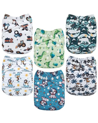 Image of ALVABABY Baby Cloth Diaper 6 Pack with 12 Inserts One Size Cloth Diaper Covers Adjustable Washable Reusable for Baby Girls and Boys