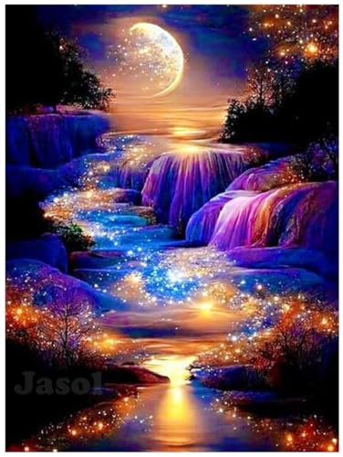 Image of Jasol Diamond Painting Kit, 40x30 Cms, Full Drill, 5D Crystals, Home Wall Decor Gift Set (Moon Water M45605)