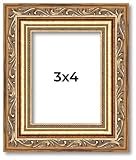 CustomPictureFrames.com 3x4 Inch Antique Gold Picture Frame - Traditional Wood Photo Frame Complete with UV Acrylic, Foam Board Backing & Hanging Hardware