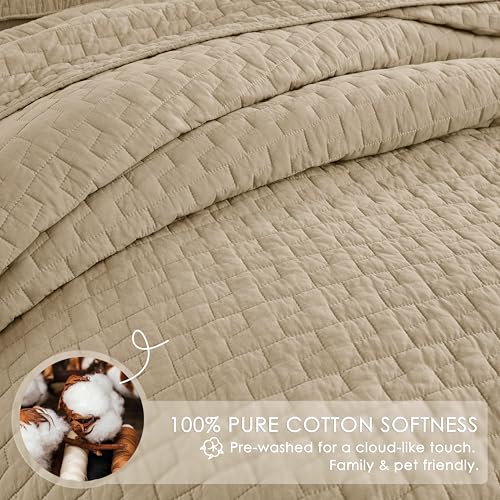Image of palassio Dark Beige 100% Cotton Quilt King Size Bedding Sets with 2 Pillow Shams, Textured Lightweight Soft Bedspread Shabby Chic Coverlet, Quilted Comforter Bed Cover for All Season, 3 Pieces