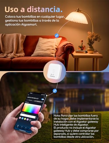 Aigostar Mesh- Bombilla inteligente Bluetooth Mesh, A60. 2700K-6500K y RGB regulable, E27, 12W, 1150 LM. Bombilla LED inteligente compatible con Alexa y Google Home. Incluye mando a distancia. 2Uds - imagen 5
