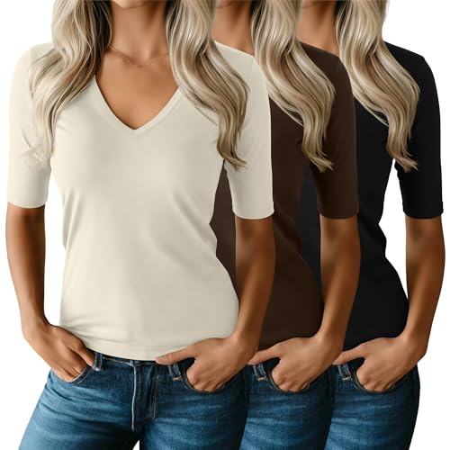 Ficerd 3 Pack Women's Half Sleeve V Neck T Shirts,