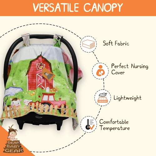 Image of Dear Baby Gear Car Seat Cover for Boys & Girls - Baby Carseat Canopy w /Snap Opening - Infant Seat Cover - Stroller & Nursing Covers - Newborn Carrier Canopy - 40x30 inch (Barn with Animals Farm Life)