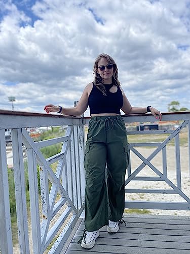Clearflower Drawstring Cargo Pants For Women Parachute High Waist Lightweight Y2K Loose Pants With Pockets Army Green Xl #TOP1