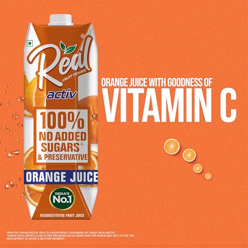 Image of Real Activ Orange Fruit Juice - 1L | 100% No Added Sugars & Preservatives | Rich In Vitamin C | Goodness Of Best Oranges | Tasty, Refreshing & Energizing Fruit Drink