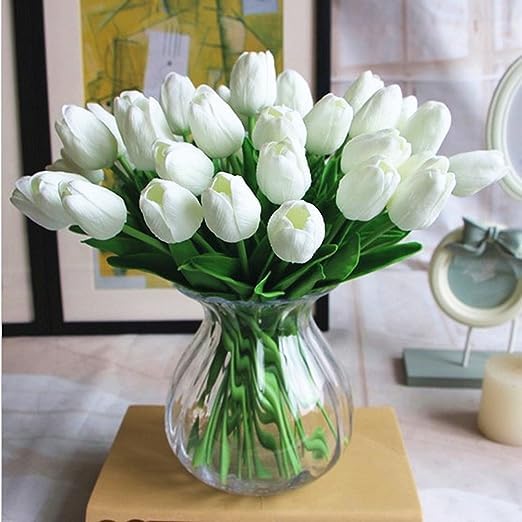 GOOLSKY PU Fake Tulips Real Touch Artificial Flowers 10Pcs Flower Arrangement Bouquet for Home Office Wedding Decoration (White)