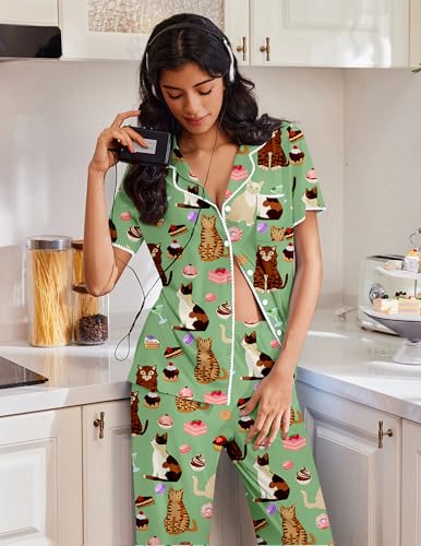 Image of Ekouaer Pajamas for Women Set Button Up Soft Pjs Short Sleeve 2 Piece Lounge Sets Comfy Sleepwear