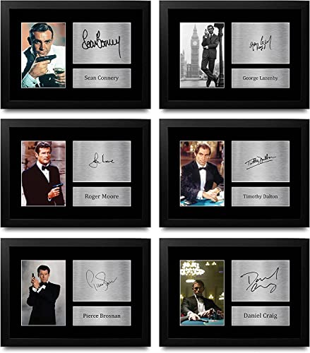 HWC Trading FR A4 James Bond Gift Collection x 6 Inc. Connery Lazenby Moore Dalton Brosnan & Craig Autogramm gerahmt A4