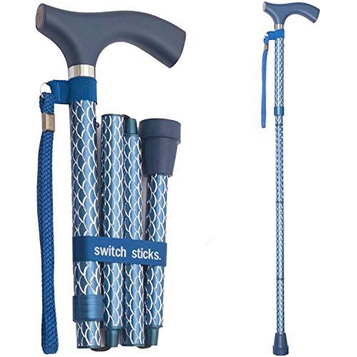 Switch Sticks Walking Cane for Men or Women, Foldable and Adjustable from 32-37 inches, Engraved Azure