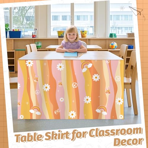 Image of 9FT Groovy Daisy Table Skirt Retro 70s Hippie Teacher Desk Skirt Boho Classroom Table Cover for Back to School Decor Rectangle Tablecloth Birthday Party Decorations for Home Office Bookcase Cabinet