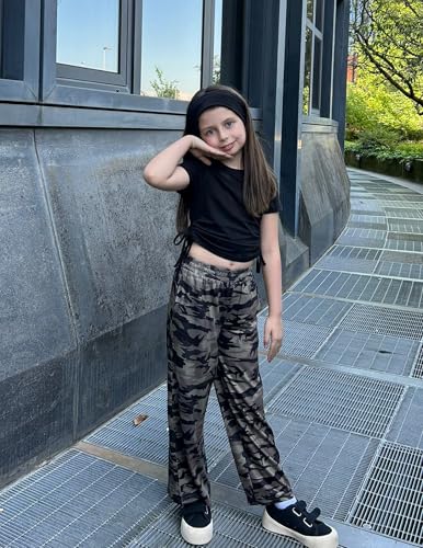 Image of Arshiner Girls 2 Piece Outfit Ruched Drawstring Tops and Wide Leg Pants Set