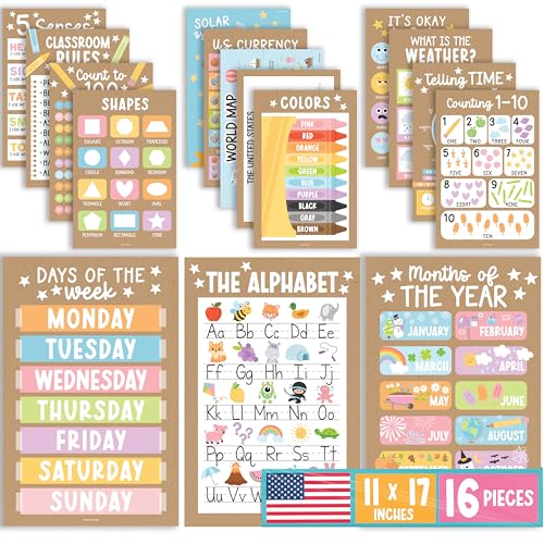 Image of Hadley Designs 16 Educational Posters for Classroom Decor - Learning Posters for Toddlers 1-3, Alphabet for Classroom Wall, Daycare Essentials, Homeschool Posters Preschool, Kraft Playroom Decor