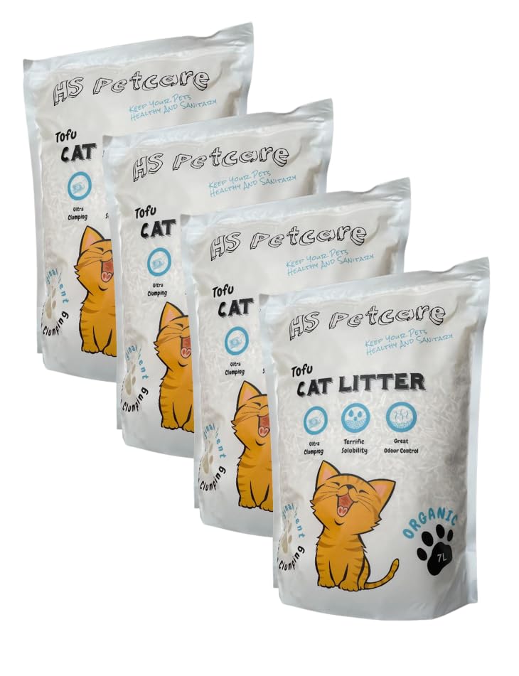 HS Petcare Organic Tofu Cat Litter Original Scent, Ultra clumping, Great odour control, Flushable reduce waste, Long lasting Dust free (Pack of 4 (28L), Original)