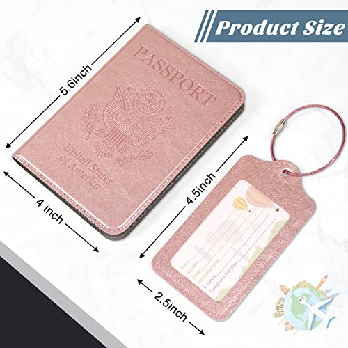 Dmluna Passport Holder And Luggage Tag Set, Passport And Vaccine Card Holder Combo, Leather Passport Wallet Cover Travel Documents Organizer With Vaccine Card Slot, For Men And Women, Rose Gold #TOP1