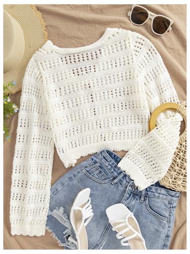 SHENHE Women's Tie Front Hollow Out Cover Up Summer Boho Knit Cardigan Crop Tops2