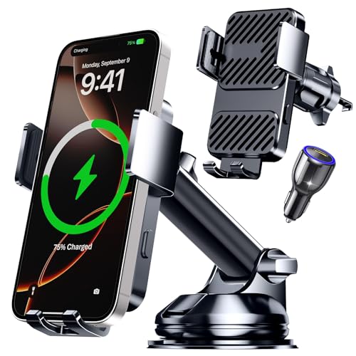 Guceful 3 in 1 Wireless Car Charger Phone Holders for Your Car 15W Fast Charging Auto Clamping Car Phone Mount for iPhone 17 16 15 14 13 Mini Pro Max XR Samsung Galaxy S25 Ultra S24 S23 S22 S21