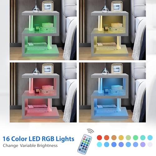 Blisswood High Gloss Coffee Table Small Side table With Storage Shelves, S Shape Tier Sofa End Table With Led RGB Lights Rectangle For Living Room Furniture (Grey) - Image 6